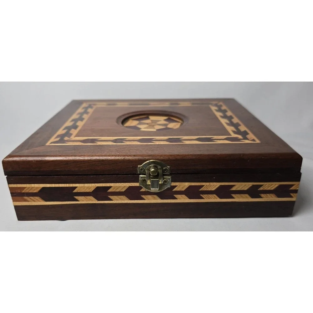 Vintage Wood Marquetry Wood Inlaid Box Jewlery Sewing Art Deco Trinket Storage